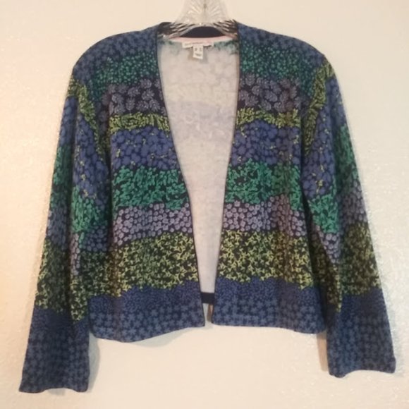 Isaac Mizrahi Live women's size M blue multicolored print open cardigan sweater - Picture 1 of 13